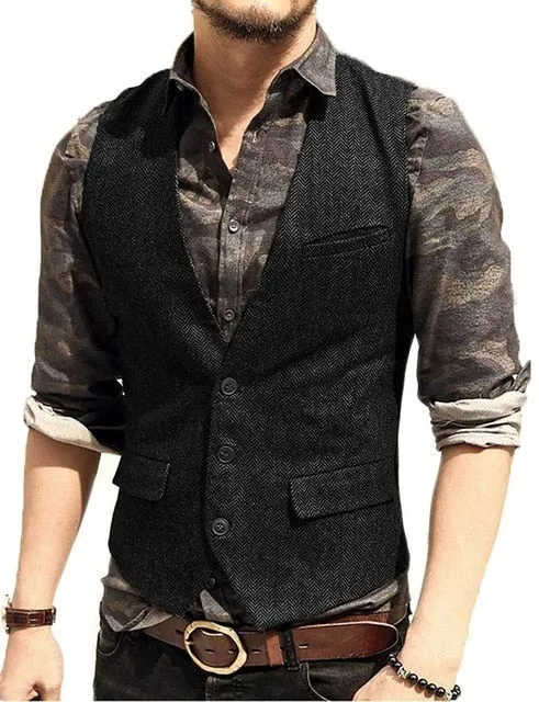 Aidase Army Green Mans Suit Vest Waistcoat V Neck Wool Herringbone Tweed Waistcoat Jacket Slim Fit Gilet Casual Groomman For Wedding
