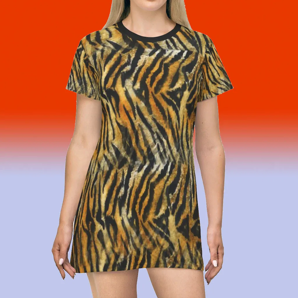 Bright Tiger Striped T-Shirt Dress, Animal Print Crew Neck Long Tee Shirt Dress - Made in USA
