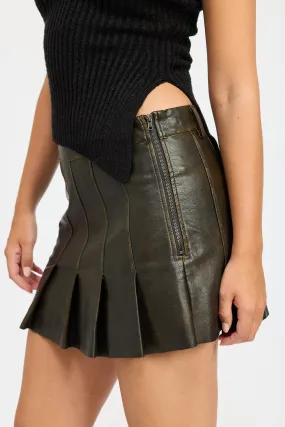 Brown Faux Leather Mini Pleated Skirt
