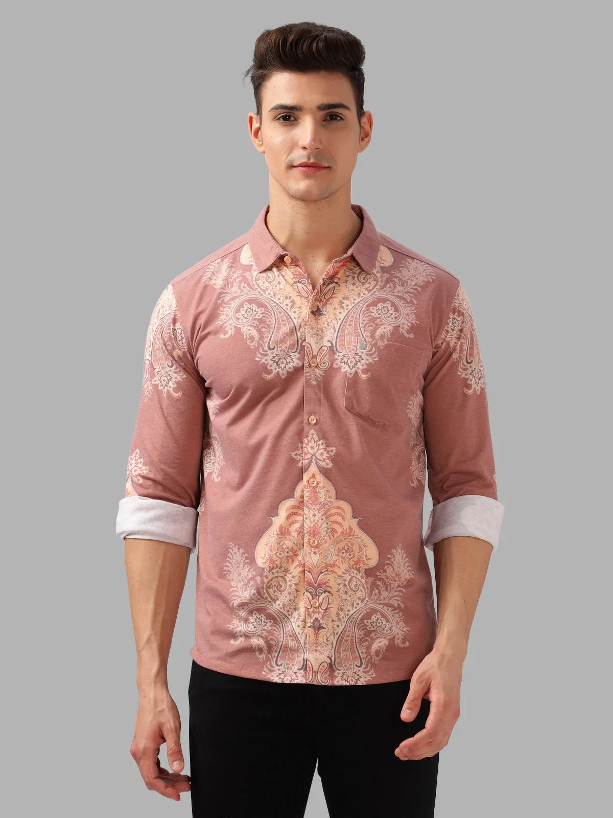 BULLMER Trendy Pink Regular Fit Printed Causal Full sleeve Shirt For Men.