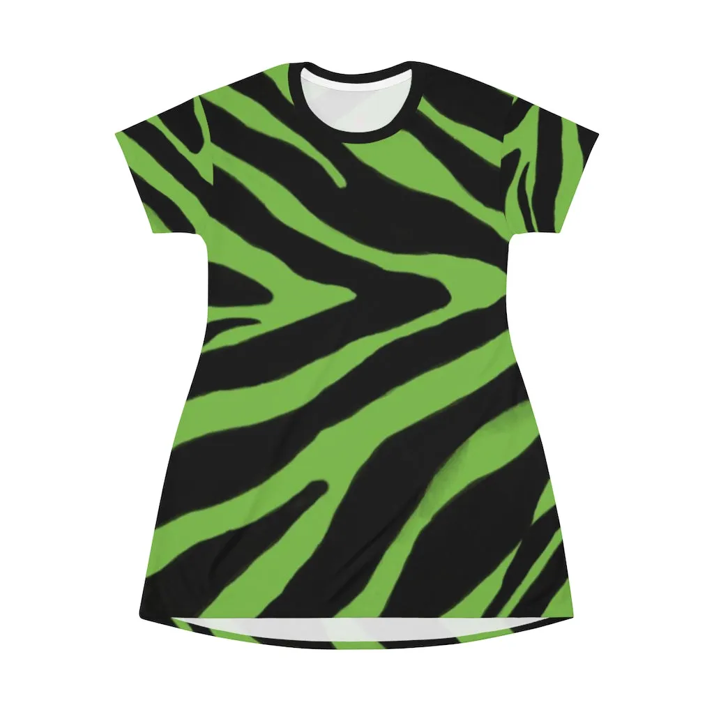 Green Zebra Print T-Shirt Dress, Zebra Animal Print Crew Neck Long Tee Shirt Dress - Made in USA