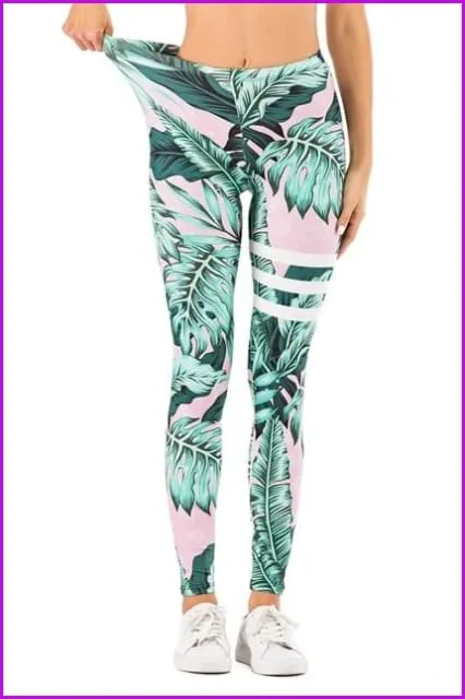 Leaf Printing High Waist Slim Fitness Pants DE111
