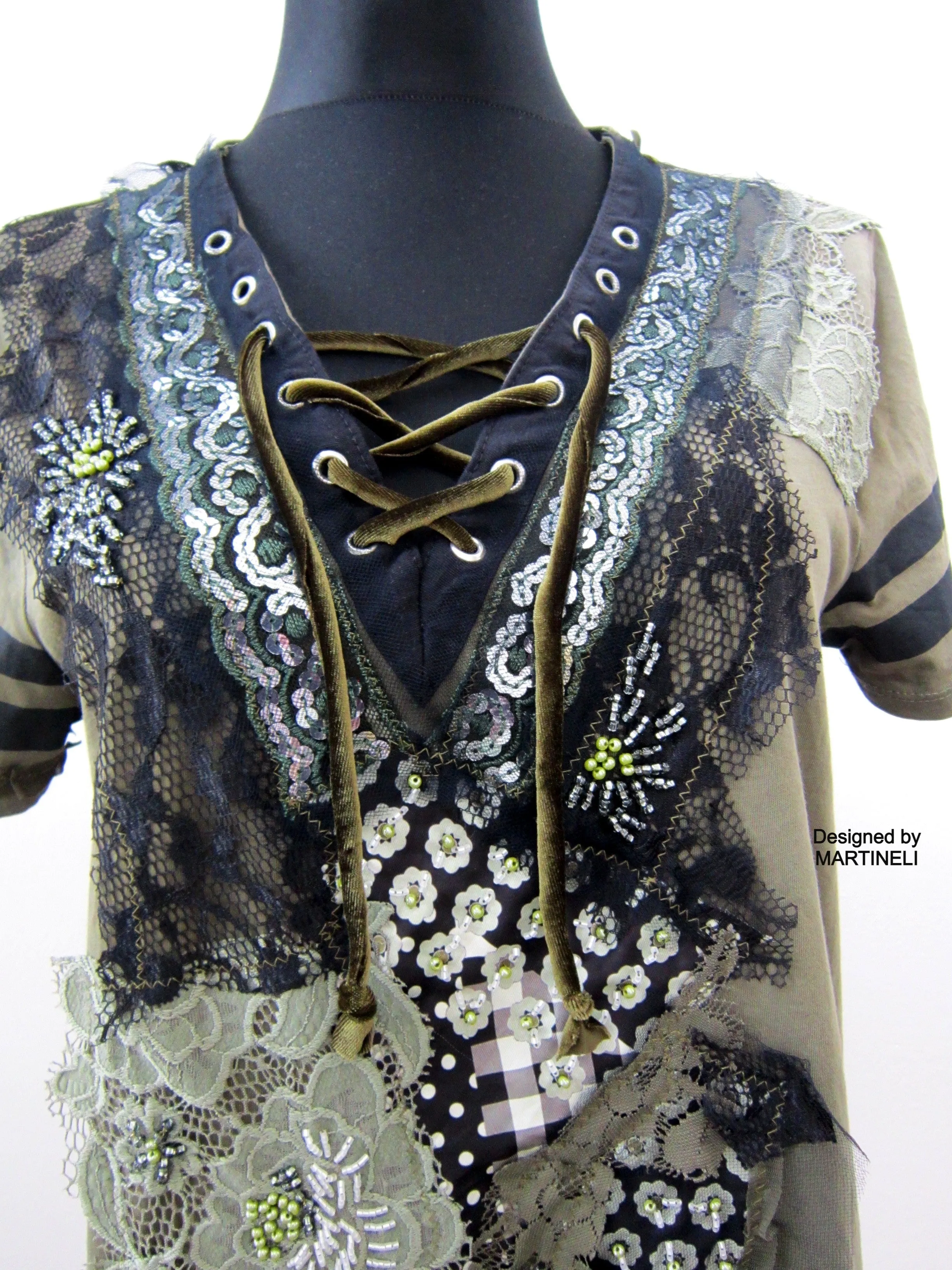 Long T Shirt Dress,M/L Embroidered Khaki Top
