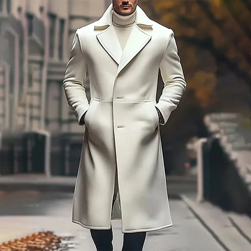 Men's Business Lapel Collar Button Long Woolen Overcoat