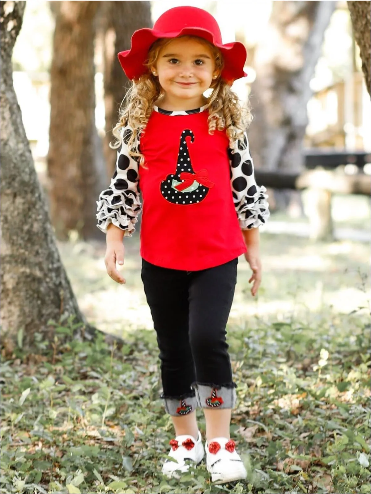 Raglan Ruffle Cuff Top and Applique Cuffed Jeans Set
