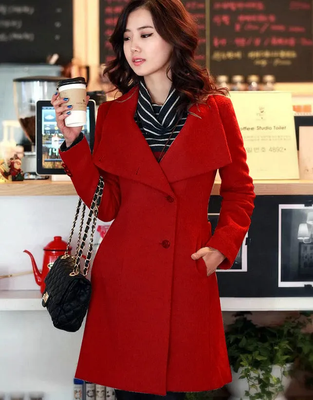 Turn-down Collar OL Style Slim Wool Long Coat With Belt on