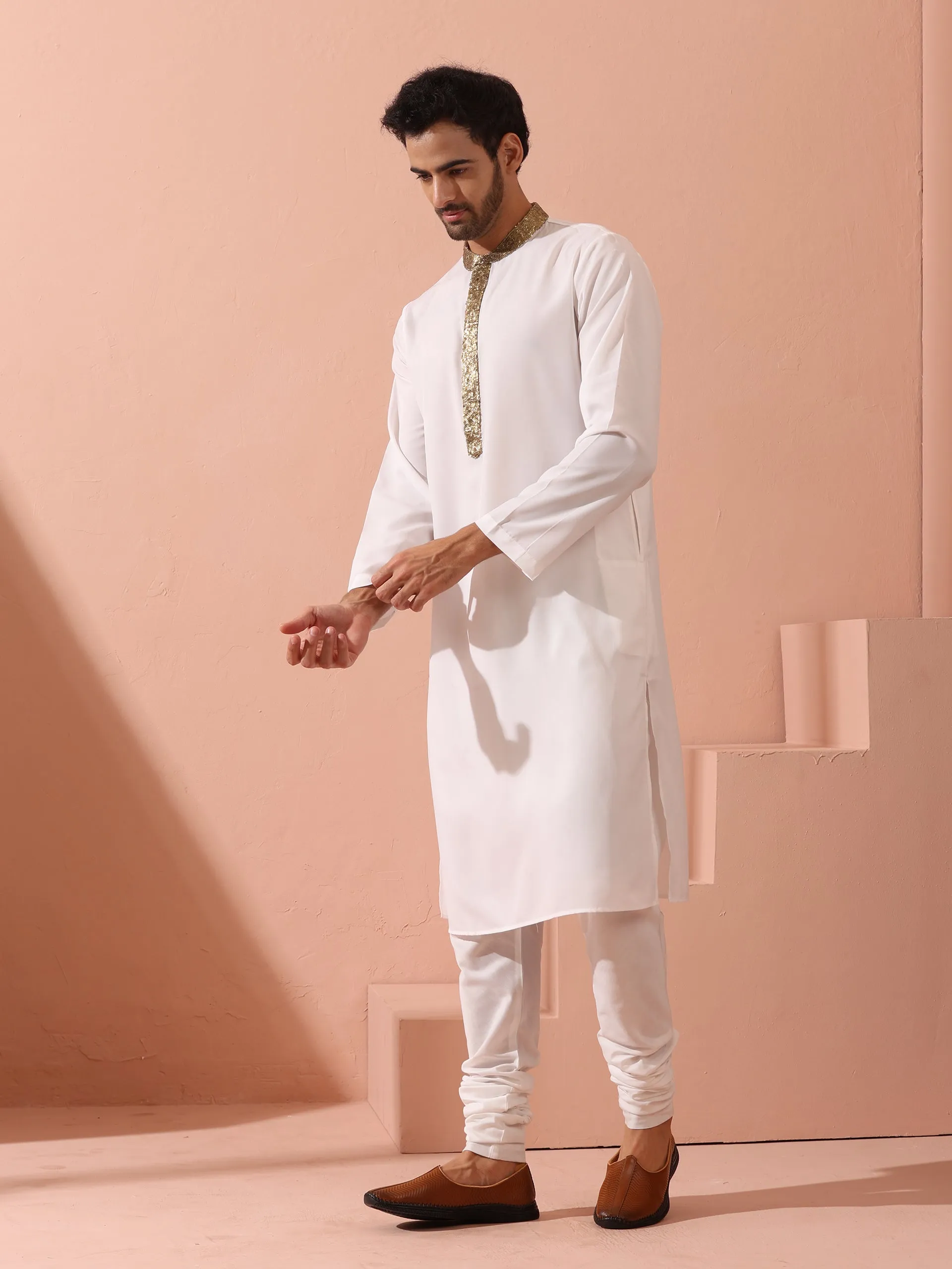 White & Gold Sequin Crepe Kurta with Hidden Placket