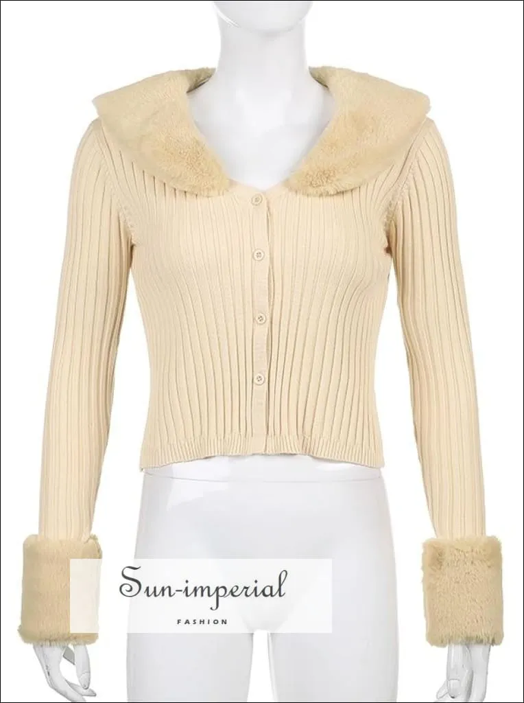 Women White Plush Faux Fur Collar and Cuff Knit Cropped Cardigan